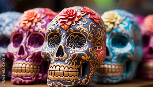Day of the Dead celebration colorful, spooky, ancient tradition, ornate masks generated by AI