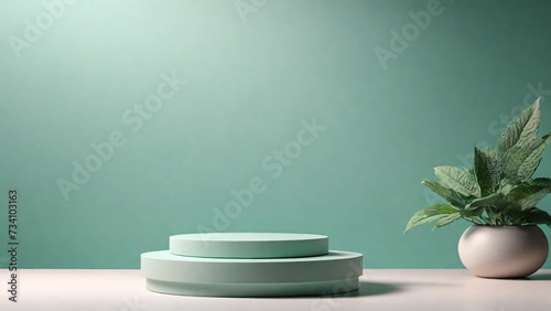 Minimal scene with green podium and mint leaves. 3d render