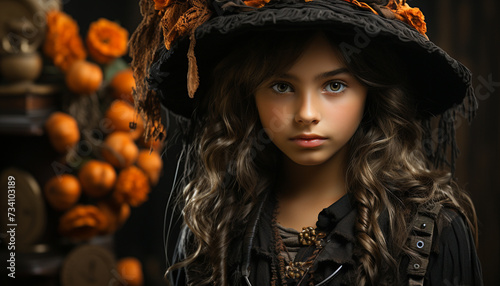 Beautiful young woman in Halloween costume confidently looking at camera generated by AI