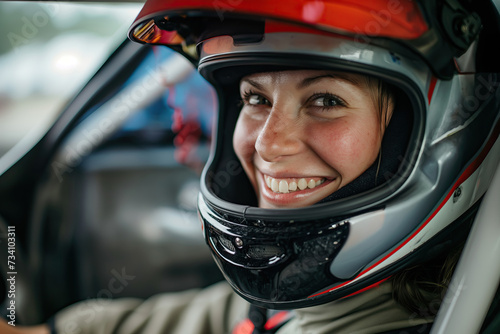 Beautiful happy female rally driver woman smile in race car while wearing a helmet photo