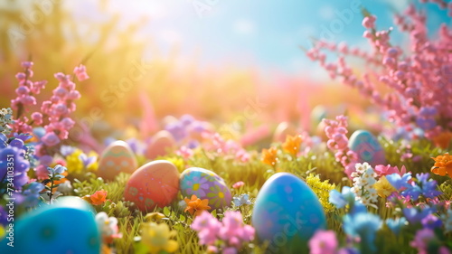 A bright and festive Happy Easter background with a vibrant array of decorated Easter eggs, playful bunnies and spring flowers on a joyful background