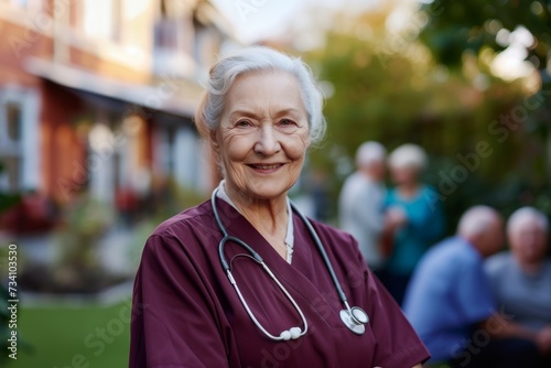 Experienced Senior Nurse Smiling in Residential Care Home Garden