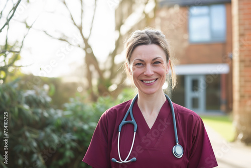 Friendly British Nurse in Scrubs Outside Healthcare Facility