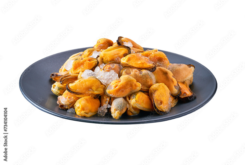 Frozen mussels on a black ceramic plate isolated on a white background. Frozen mussels on a black ceramic plate isolated on a white background.