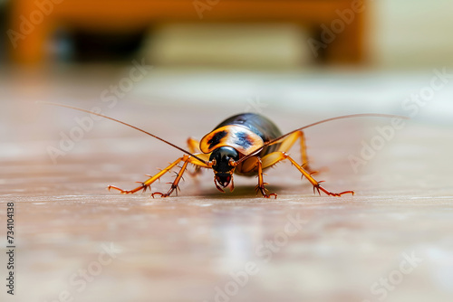 close-up view of Blatta orientalis, commonly known as the American cockroach, crawling on the floor Blatta americana Insects fauna, entomological concept. Cockroach as infection carriers photo