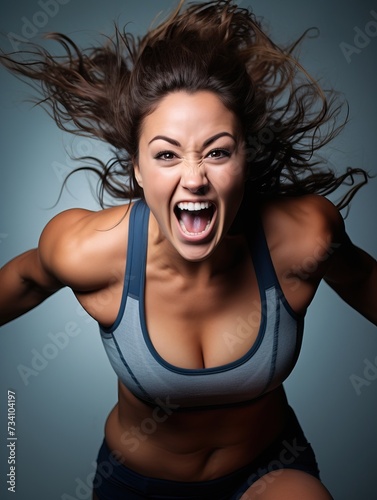 The image depicts a woman with her mouth wide open, as if shouting or expressing strong emotion, and her long hair is dramatically blowing out around her head. She is wearing a sporty tank top and has