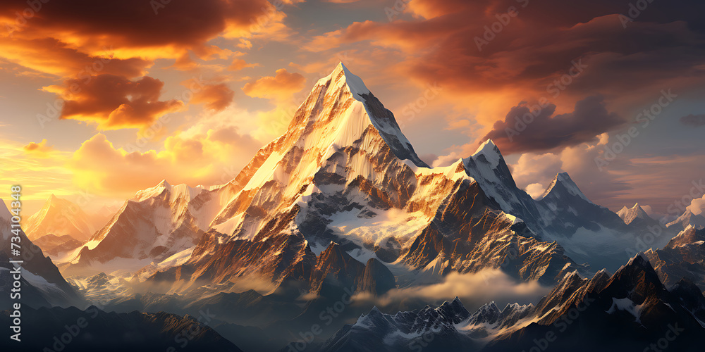 Mountain landscape at sunset. Panoramic view of Himalaya mountains.