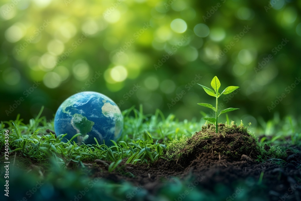 A small, green plant with a few leaves and Earth globe on grass in the background. Concept of sustainability. A small, green plant with a few leaves and Earth globe on grass in the background. Concept of sustainability.