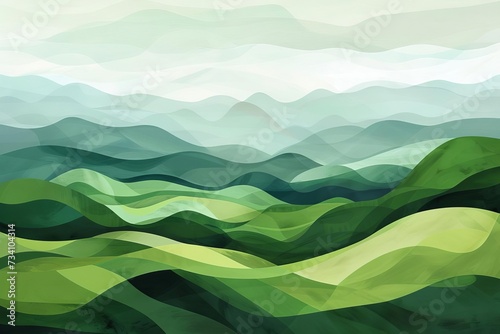 Abstract green landscape Illustrating rolling hills and tranquil valleys in a minimalist art style © Bijac