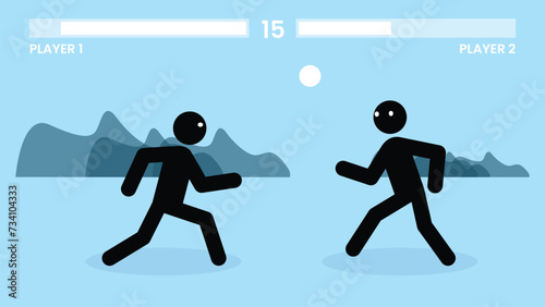 Stick figure fighter characters fighting inside a video game scene with health bars on top. One person is flying kicking another man with beautiful scenery at the background.