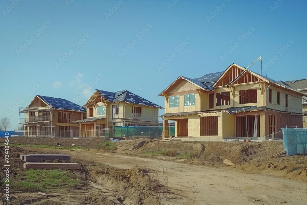 Construction of eco-friendly homes with solar panels In a sustainable housing development under a clear sky Construction of eco-friendly homes with solar panels In a sustainable housing development under a clear sky