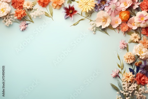 Top view of a variety of blooming flowers on a pastel background  featuring ample copy space for text.