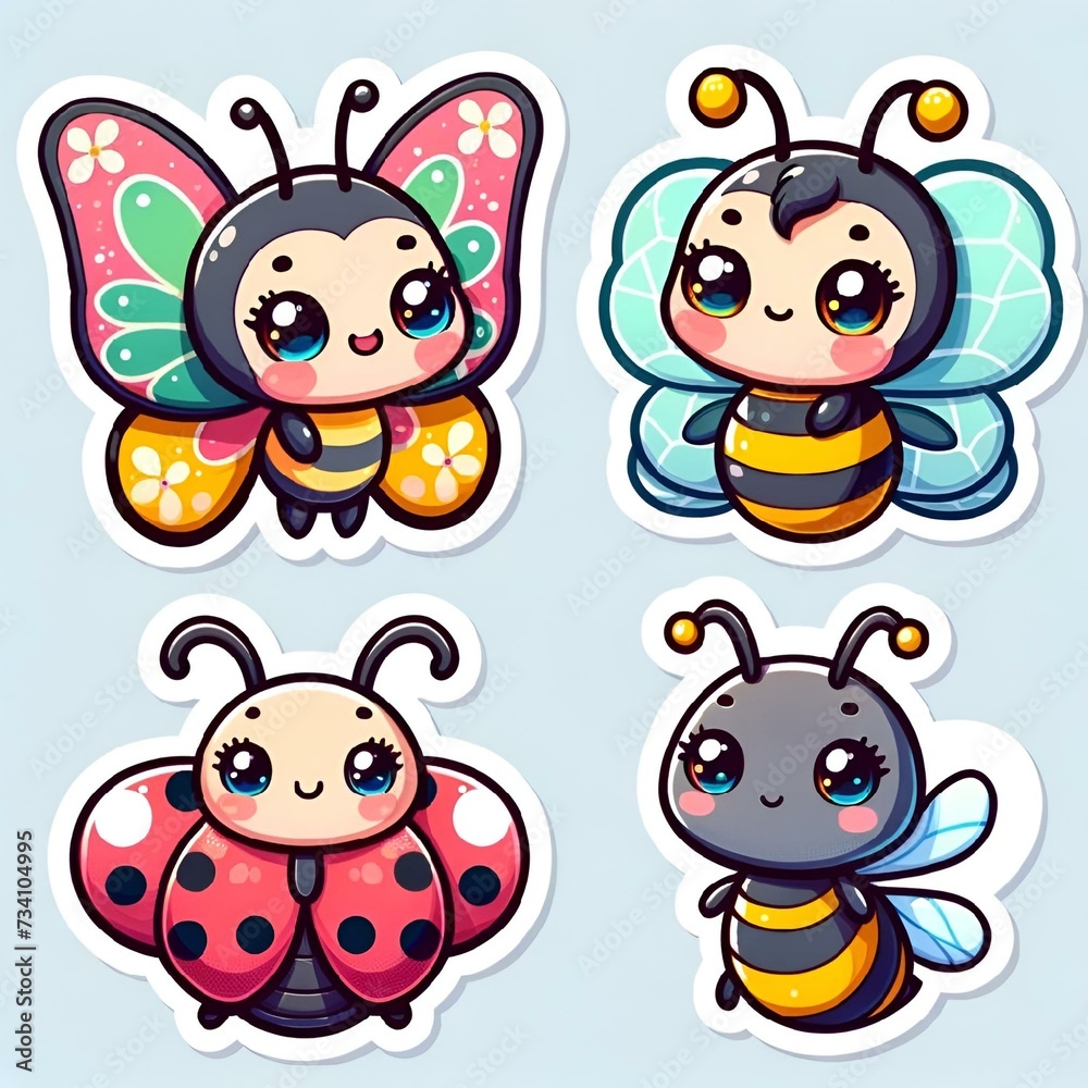 Obraz premium Charming Collection of Chibi-Style Insect Stickers for Kids - AI Generated Digital Art