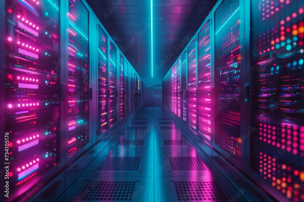 Futuristic server room with neon lights. Data security, cybersecurity, infrastructure, blockchain concept. Supercomputer, hardware, equipment. Future technology. Design for banner, advertising