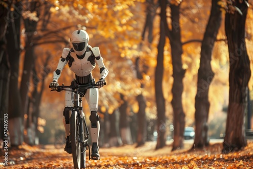 Futuristic scene of a humanoid robot bicycling through an autumn park Exploring human-like experiences and emotions