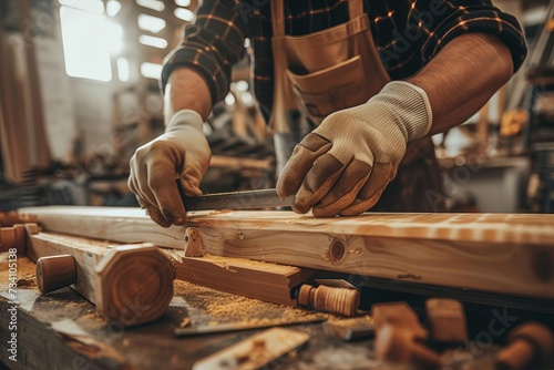 Expert carpenter at work in a well-equipped workshop
