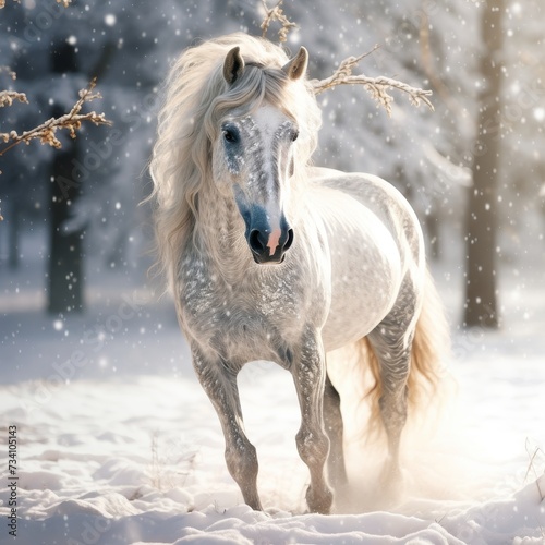 A majestic white horse with a flowing mane stands in a serene snowy landscape  with gentle snowflakes falling around it. 