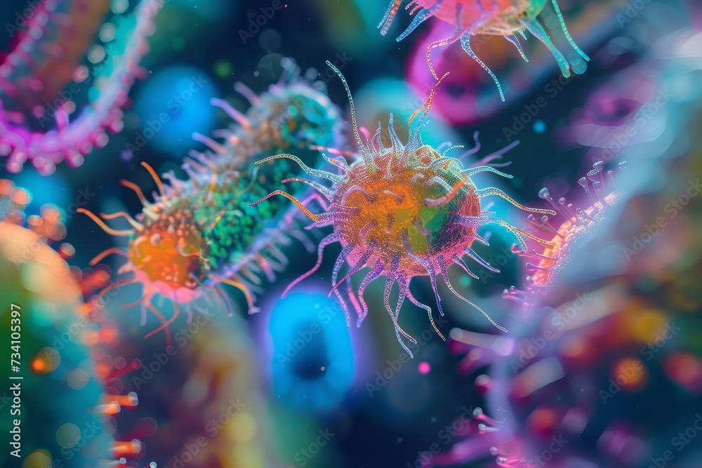 Macro shot of vibrant bacteria and virus cells under a microscope Showcasing the intricate details of microbiology