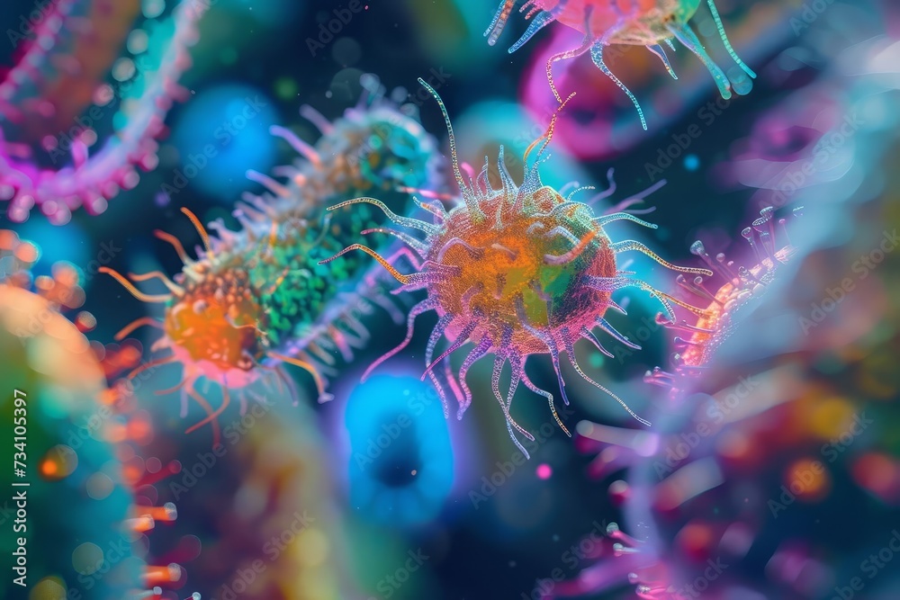 Fototapeta premium Macro shot of vibrant bacteria and virus cells under a microscope Showcasing the intricate details of microbiology