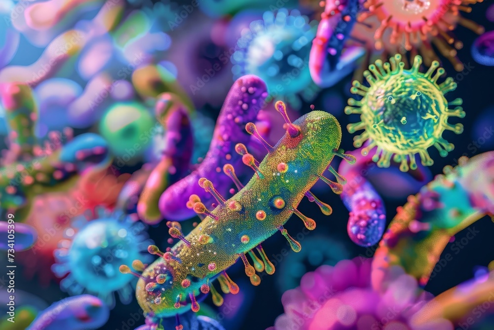 Macro shot of vibrant bacteria and virus cells under a microscope Showcasing the intricate details of microbiology Macro shot of vibrant bacteria and virus cells under a microscope Showcasing the intricate details of microbiology