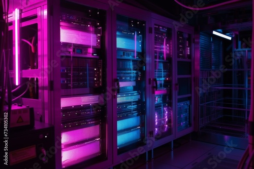 Server room with purple lighting. Data security, cybersecurity, infrastructure concept. Supercomputer, data center, hardware. Future technology, futuristic computer. Design for banner, poster 