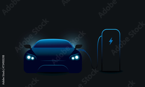 Electric car plugged in to charger, EV cars, blue light glow, dark background
