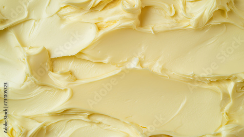 Texture of tasty homemade butter as background, top view. 