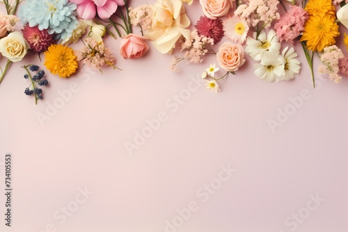 Top view of a variety of blooming flowers on a pastel background  featuring ample copy space for text.