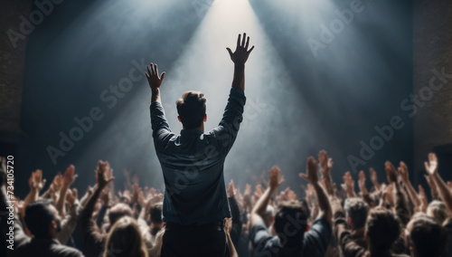 Man raising hands in worship in front of people in the church. AI generated