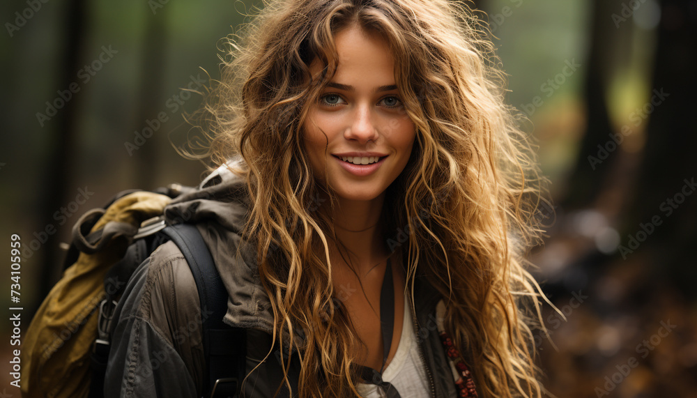 Young woman smiling, enjoying nature, looking at camera in forest generated by AI Young woman smiling, enjoying nature, looking at camera in forest generated by AI