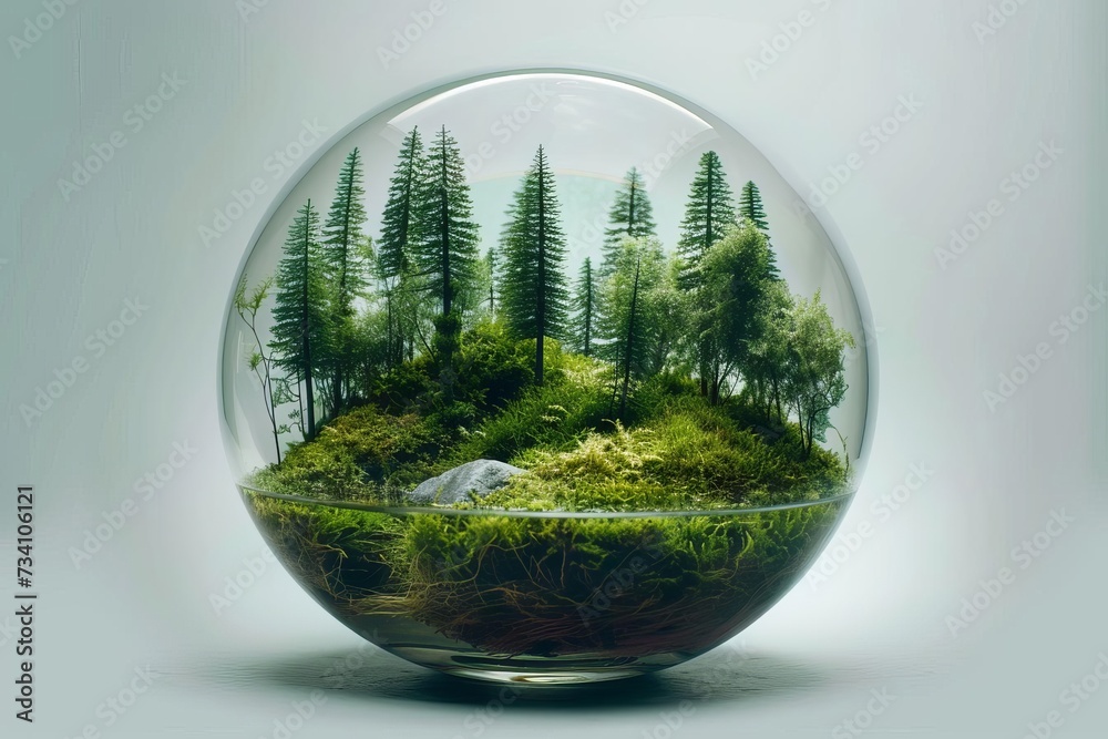 Spherical glass terrarium with a miniature forest inside Embodying concepts of eco-sustainability and green design Spherical glass terrarium with a miniature forest inside Embodying concepts of eco-sustainability and green design