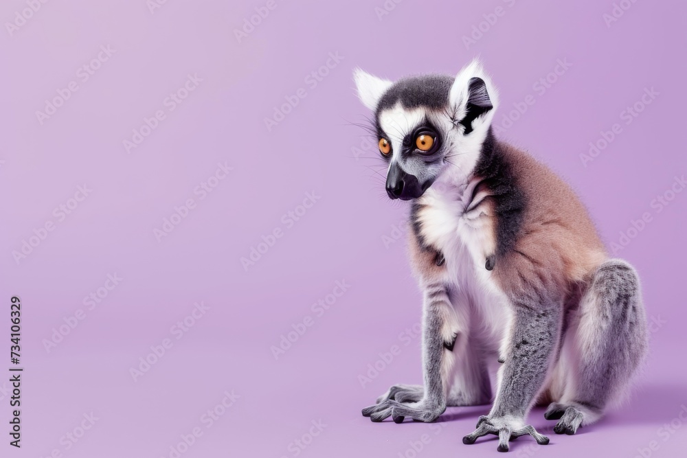 Cute lemur isolated on purple background. Adorable exotic pet. Funny animal portrait. Design for banner, poster, advertising with copy space