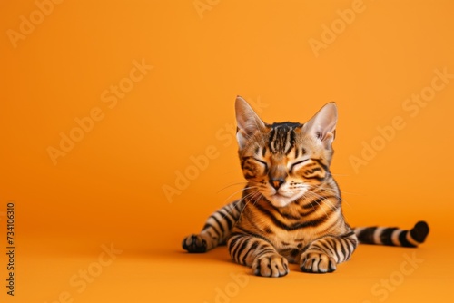 Bengal cat resting on an orange background. Adorable exotic pet. Funny animal portrait. Design for banner, poster, advertising with copy space © dreamdes