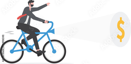 Businessman team riding a bicycle with flashlight and searching dollar sign. Concept currency, Financial, Successful
