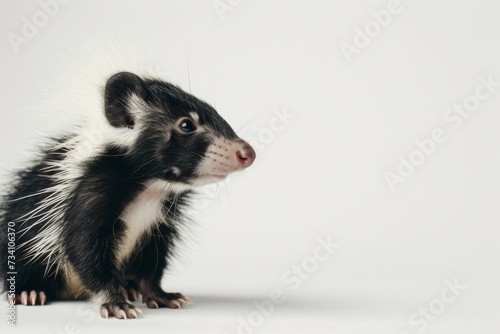 Skunk isolated on gray background. Adorable exotic pet. Funny animal portrait. Design for banner, poster, advertising with copy space