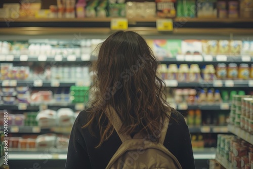 Wallpaper Mural Woman in a grocery store comparing product labels Making informed choices about nutrition and quality Torontodigital.ca