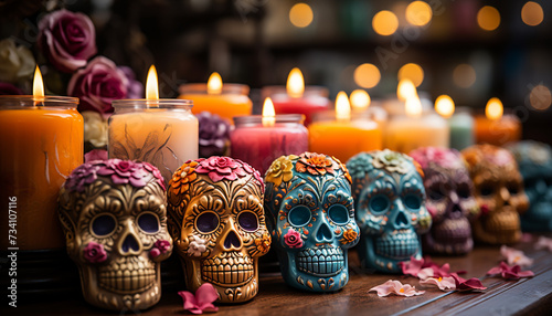 Halloween celebration spooky candlelight, colorful decorations, and dark backgrounds generated by AI