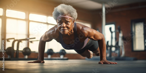 Muscular mature African American woman doing push ups in the gym. Sports training for older people. photo