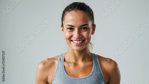 woman wearing gym clothes stands confident smiling while looking at the camera on a clean background