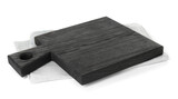 Black wooden cutting board and napkin isolated on white