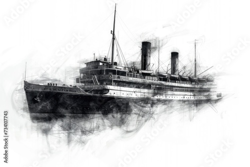 A black and white drawing of a steam ship. Suitable for various artistic and historical projects
