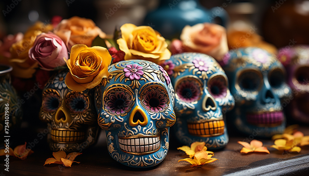 Fototapeta premium Day of the Dead celebration colorful decorations, spooky skulls generated by AI