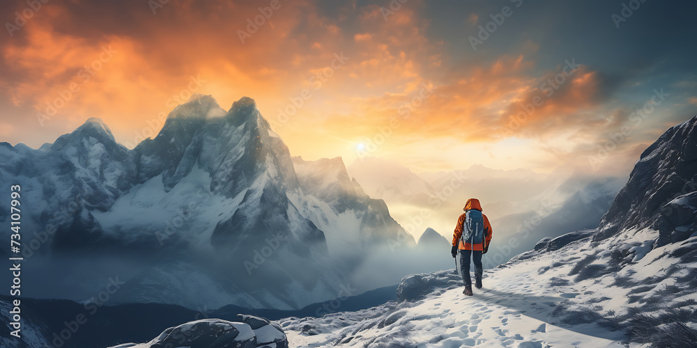Hiker in orange jacket walking on snow covered mountain peak at sunset