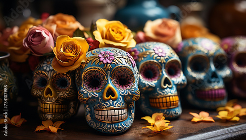 Day of the Dead celebration colorful decorations, spooky skulls generated by AI