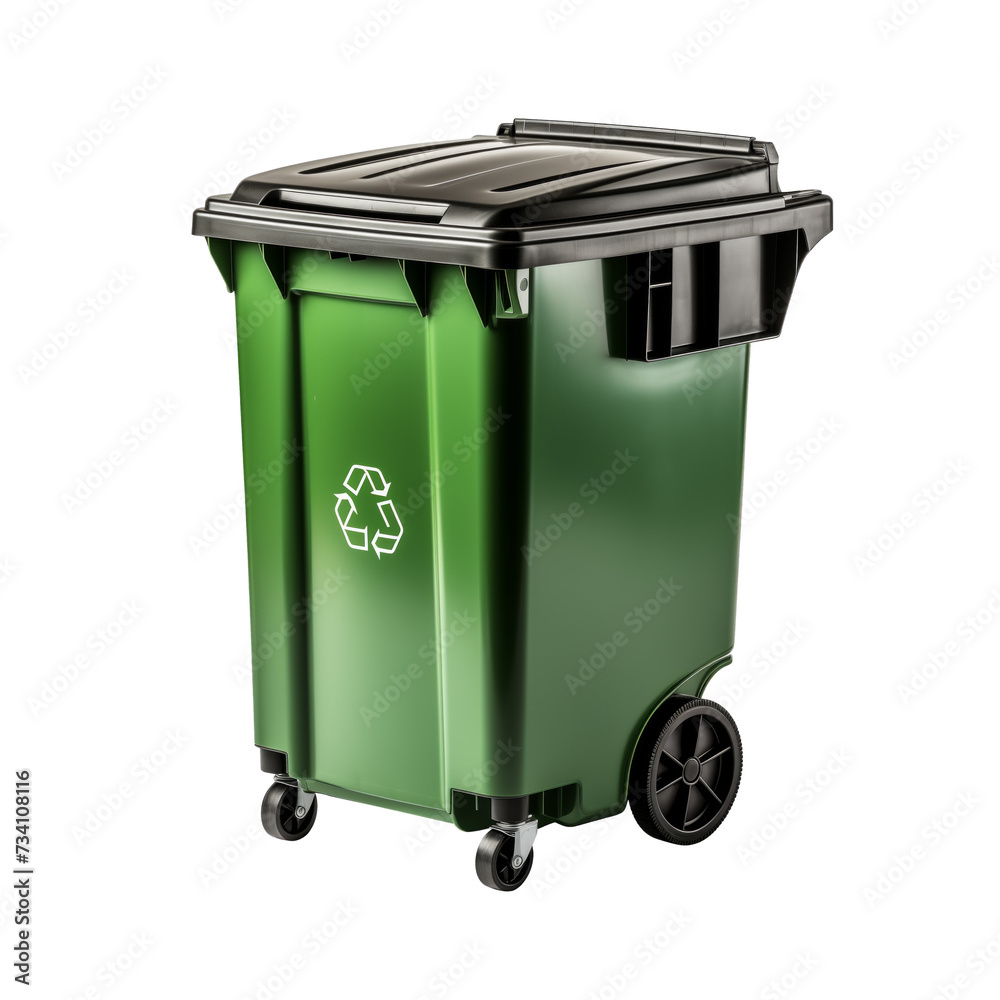 Green Garbage Container with Recycling Symbol isolated on a transparent background. Green Garbage Container with Recycling Symbol isolated on a transparent background.