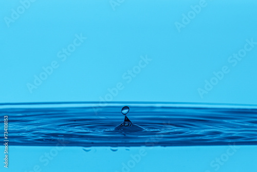 Splash of clear water with drop on blue background  closeup