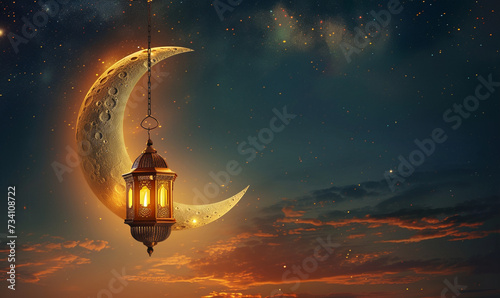 ramadan eid mubarak simple minimalist background. shinny crescent moon and hanging lantern in sky at sunset time for iftar. © Lucianastudio