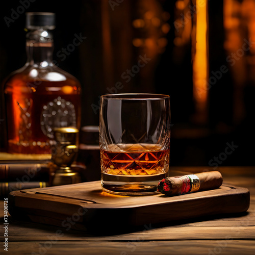 glass of whiskey and cigar