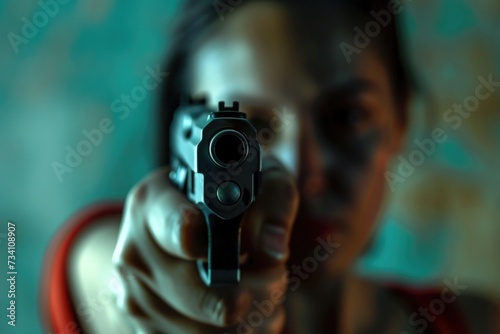 A woman holding a gun and pointing it directly at the camera. This image can be used to illustrate concepts of danger, self-defense, or crime