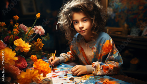 A cute, cheerful girl painting, smiling with creativity and joy generated by AI